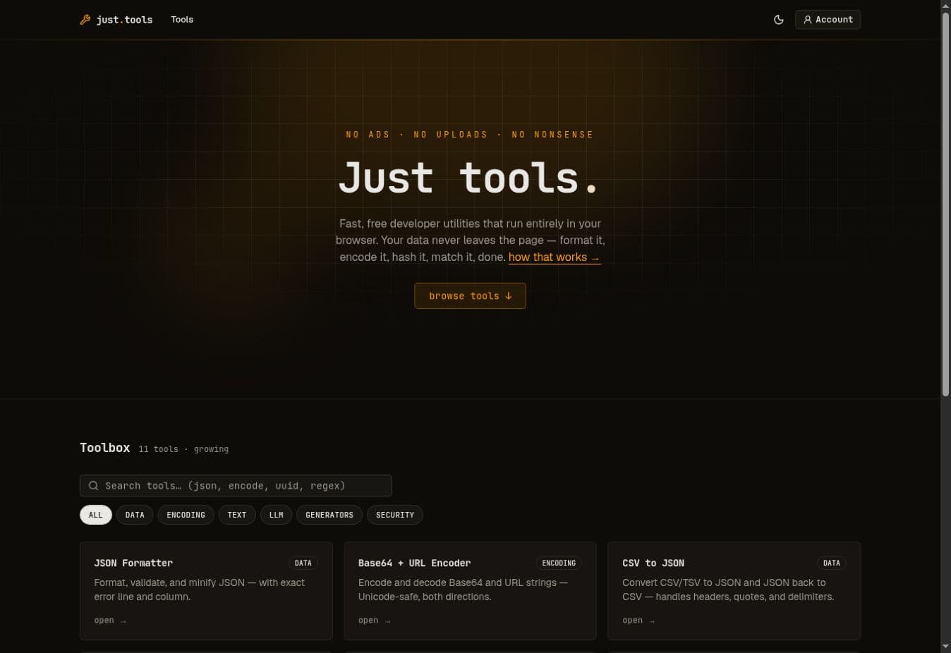 Just Tools homepage showing its searchable collection of browser developer utilities.