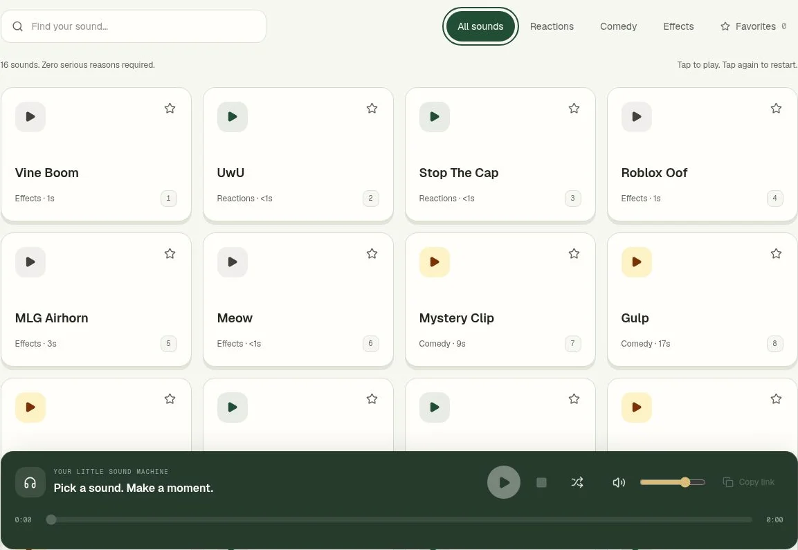 Gio’s soundboard with searchable sound pads, category filters, favorites, and an audio player.